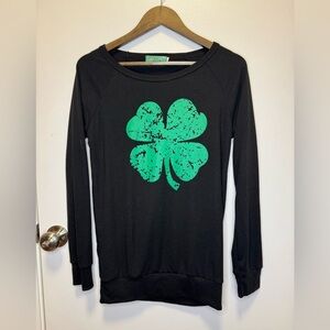 Black Long Sleeve Top with Green Clover | Shamrock | Women’s Size S | Comfy